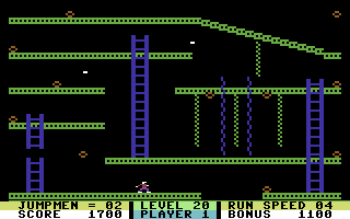Jumpman (Commodore 64) screenshot: This level is called figurit; the floors and ladders can change!