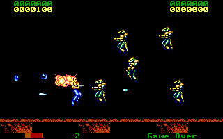 Forgotten Worlds (DOS) screenshot: Some lizard-like jetpack enemies
