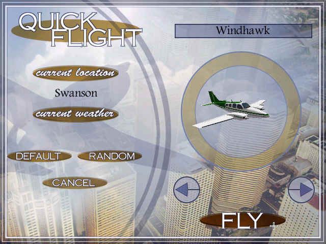 Flight Unlimited III (Windows) screenshot: Take a quick flight if you don't want to deal with many other options, just choose your craft and setup your location...