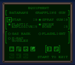 The Adventures of Batman & Robin (SNES) screenshot: Equipment Select Screen