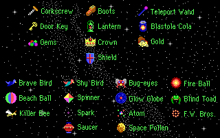 The Adventures of Captain Comic (DOS) screenshot: Things Captain can collect, and Captain's enemies