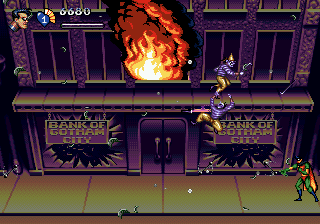 The Adventures of Batman & Robin (Genesis) screenshot: Robin is attacking the holligans while the bank is on fire