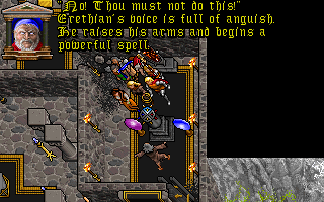 Ultima VII: Forge of Virtue (DOS) screenshot: The mage Erethian objects to you trying to banish Exodus' Dark Core