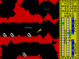 Scuba Dive (ZX Spectrum) screenshot: The deeper, more labyrinths and less the oxygen.