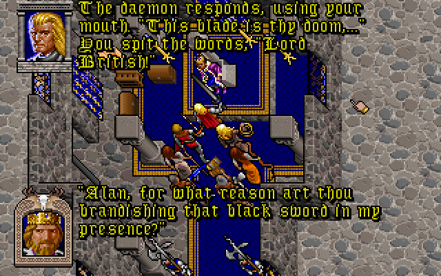 Ultima VII: Forge of Virtue (DOS) screenshot: Even the mighty Lord British himself is vulnerable to the Blackrock Sword. But there's actually an easier way to kill him that won't alert the guards