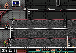 Dark Castle (Genesis) screenshot: The fellow on top of the screen is about to reenact Donkey Kong.