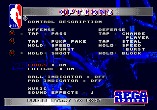 NBA Action '94 (Genesis) screenshot: Options