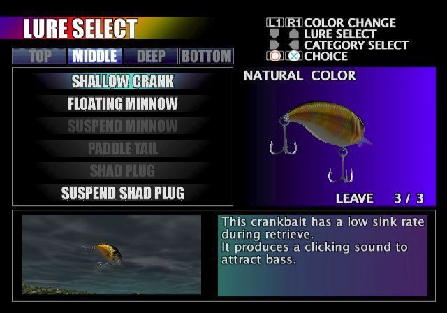 Top Angler (PlayStation 2) screenshot: The lure selection screen Not all lures are available immediately, most have to be earned