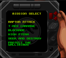 Jurassic Park Part 2: The Chaos Continues (SNES) screenshot: The nifty mission selector.