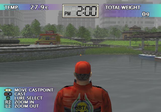 Top Angler (PlayStation 2) screenshot: Practice mode. Fishing in the park on a summer afternoon The spot above the fisherman's head is the direction in which the lure will be cast