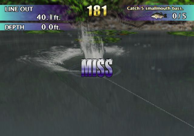 Top Angler (PlayStation 2) screenshot: Fishing in Challenge Mode Here time is important so it's a disappointment when a fish takes the bait and then escapes