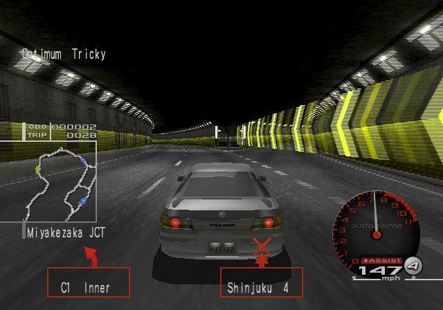Tokyo Xtreme Racer: Zero (PlayStation 2) screenshot: When racing the player is given satnav-like directions. The wall of yellow chevrons blocks off the 'wrong turning', driving down that route ends the current race