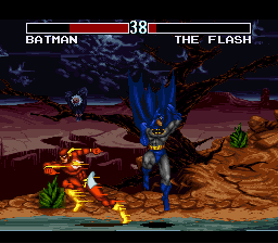 Justice League: Task Force (SNES) screenshot: Batman narrowly avoids The Flash's speed