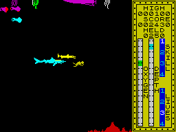 Scuba Dive (ZX Spectrum) screenshot: It's a good sight the silhouette of the hull of our boat while emerging, retrieving the wealth gathered.