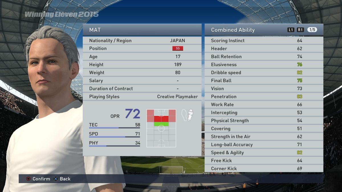 PES 2015: Pro Evolution Soccer (PlayStation 4) screenshot: Newly created player's statistics screen
