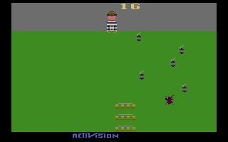 Kaboom! (Atari 2600) screenshot: Miss a bomb, and Kaboom!
