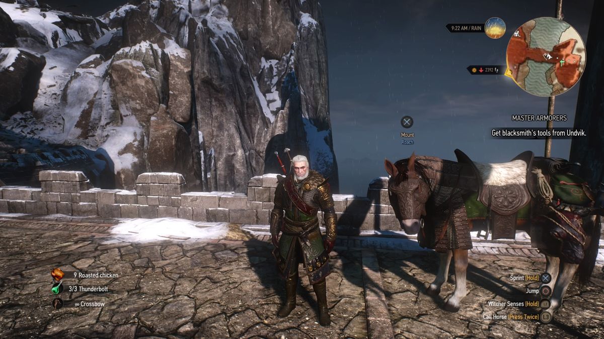 The Witcher 3: Wild Hunt - Skellige Armor Set (PlayStation 4) screenshot: Geralt and his horse in full Skellige armor set