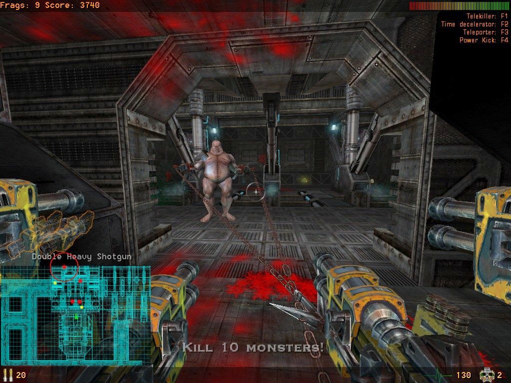 FireStarter (Windows) screenshot: The Mutant character has four arms. This Hellraiser wanabee is about to experience what four shotguns fired at once feels like.