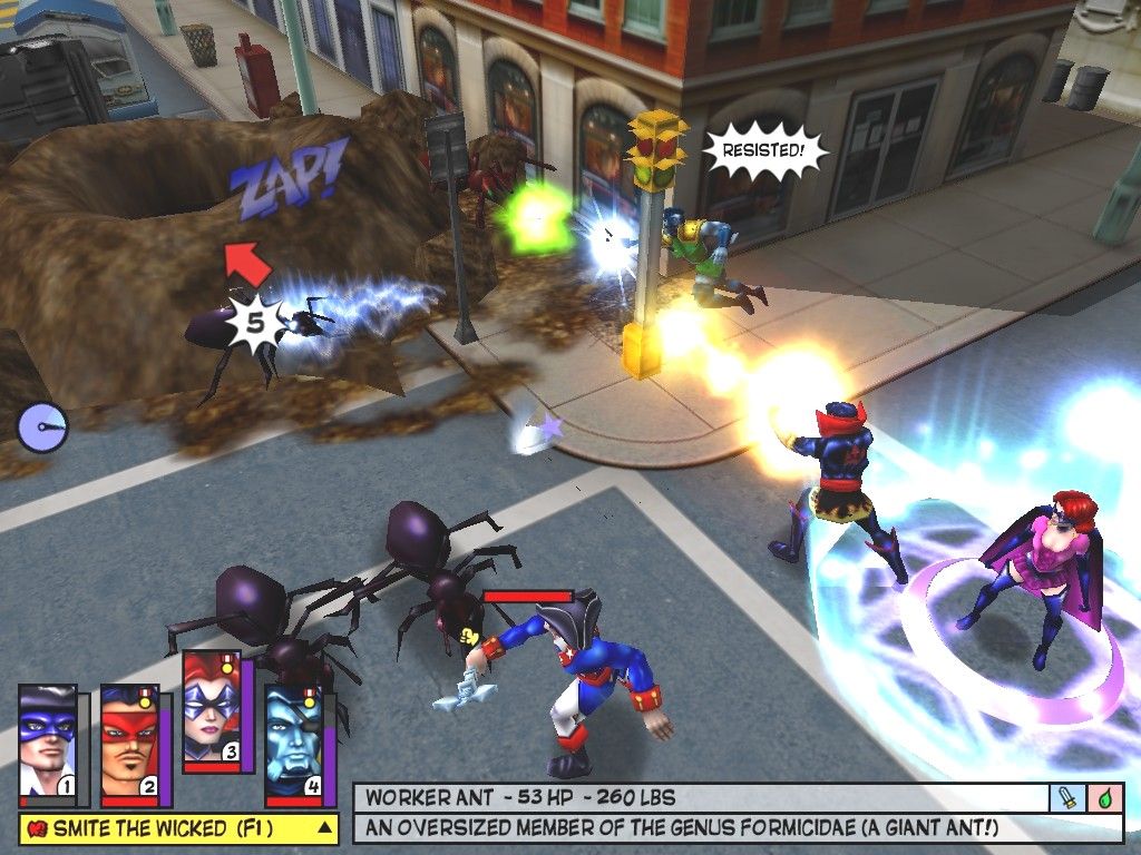 Freedom Force (Windows) screenshot: If raptors aren't 60's enough for you, there's always the levels where you fight an invasion of giant ants.