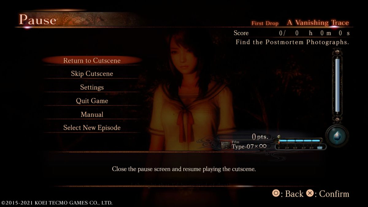 Fatal Frame: Maiden of Black Water (PlayStation 5) screenshot: Pause menu