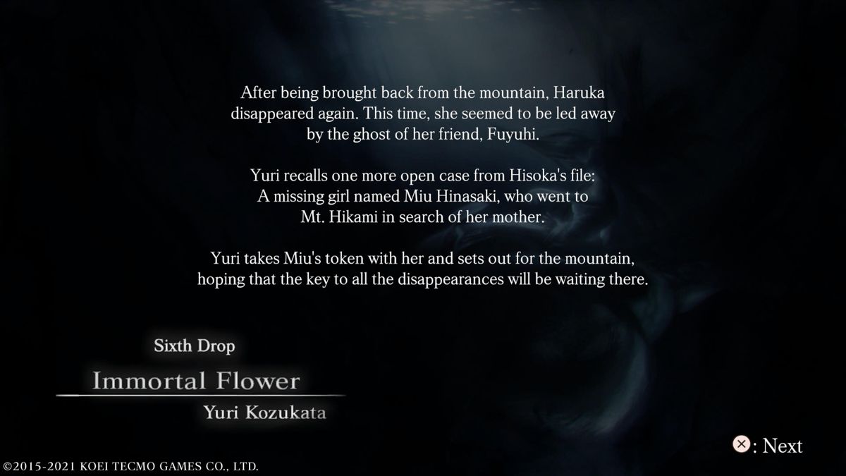 Fatal Frame: Maiden of Black Water (PlayStation 5) screenshot: Each chapter has a brief description of events that took place before it