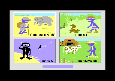 Grover's Animal Adventures (Commodore 64) screenshot: Choose a level to explore