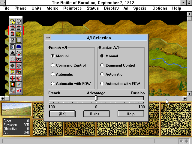 Battleground 6: Napoleon in Russia (Windows 3.x) screenshot: Setting up a new scenario