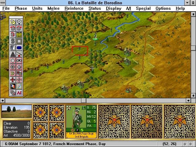 Battleground 6: Napoleon in Russia (Windows 3.x) screenshot: Viewing the information of a field