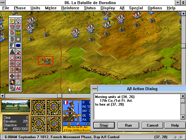 Battleground 6: Napoleon in Russia (Windows 3.x) screenshot: It is possible to set the AI to automatic and only review its moves