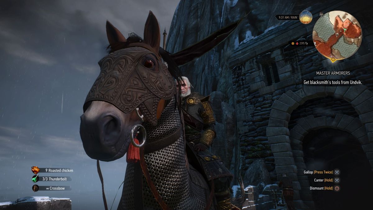 The Witcher 3: Wild Hunt - Skellige Armor Set (PlayStation 4) screenshot: Close up of Geralt on a horse