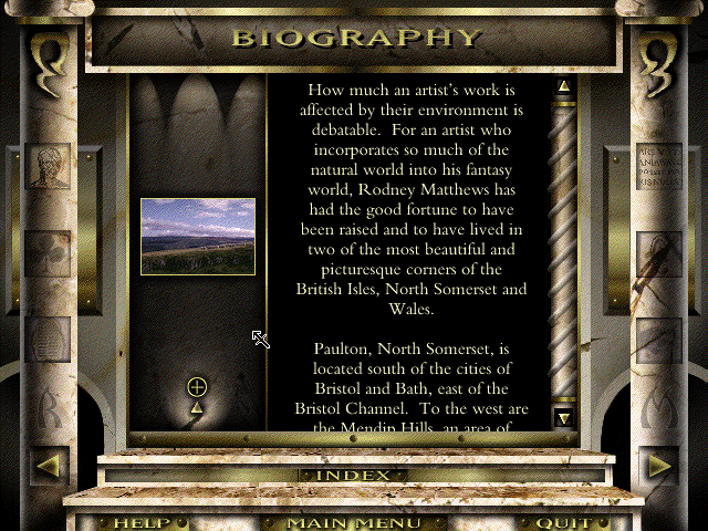 Between Earth and the End of Time: The Worlds of Rodney Matthews (Windows 3.x) screenshot: The biography is a written text...