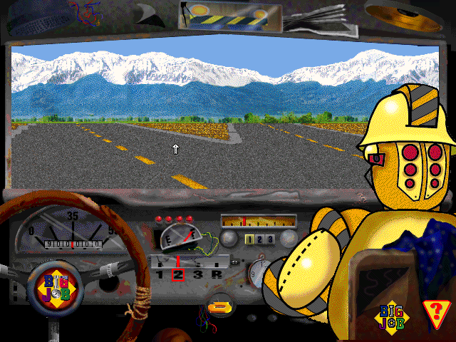 Big Job (Windows 3.x) screenshot: On the road, we have to steer the vehicle into junctions towards videos or activities