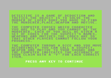 Detective (Commodore 64) screenshot: Instructions