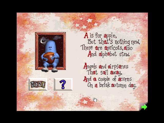 The Book of Shadowboxes: A Story of the ABCs (Windows 3.x) screenshot: The poem for the letter "A"
