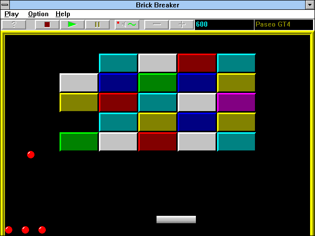 Brick Breaker II Turbo (Windows 3.x) screenshot: Well, it's Breakout (unregistered shareware version)