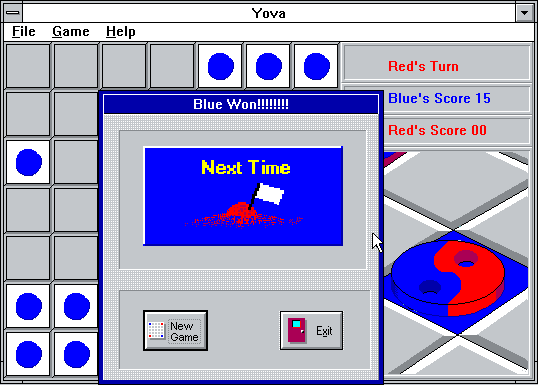 Yova (Windows 3.x) screenshot: The blue player victory screen