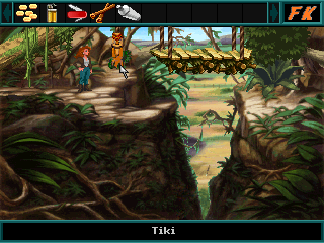 Faye King: Jungle Jeopardy (Windows) screenshot: A tiki on the left controls the bridge