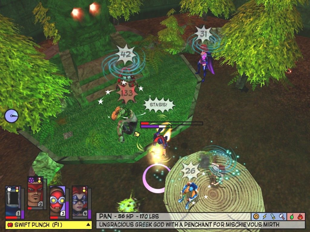 Freedom Force (Windows) screenshot: Freedom Force battles the obnoxiously bohemian Greek god Pan. Here, an explosive blast from El Diablo sends everybody flying into the air.