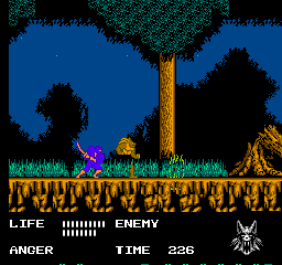 Werewolf: The Last Warrior (NES) screenshot: In the forest, ninjas try to stop the werewolf. They will fail.