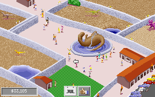 DinoPark Tycoon (DOS) screenshot: A fairly developed park with concrete walls and lots of visitors.