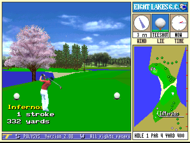 New 3D Golf Simulation: Eight Lakes G.C. (FM Towns) screenshot: Hole 1, taking a swing
