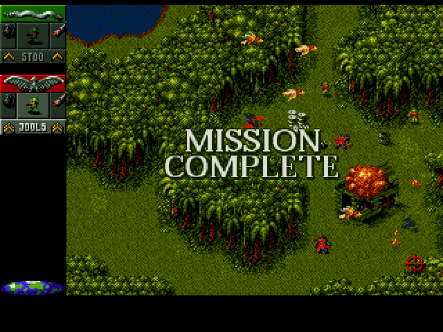 Cannon Fodder (Amiga) screenshot: Missions usually end with a big bang.