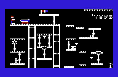 Cannonball Blitz (VIC-20) screenshot: Lots of platforms and dangers here!