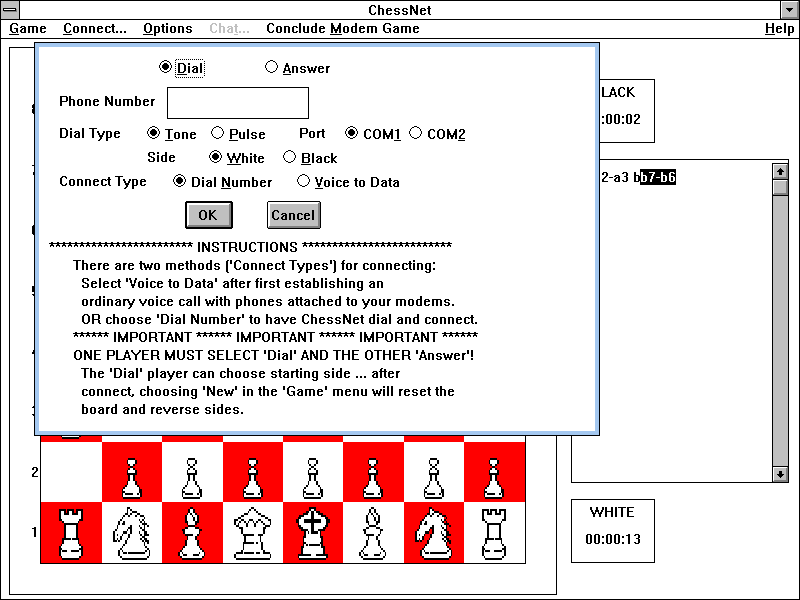 Chess Net (Windows 3.x) screenshot: The alternative: setting up a multiplayer game