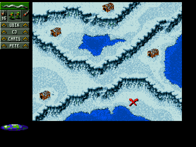 Cannon Fodder (Amiga) screenshot: Mission map. Well, here too X marks the spot.