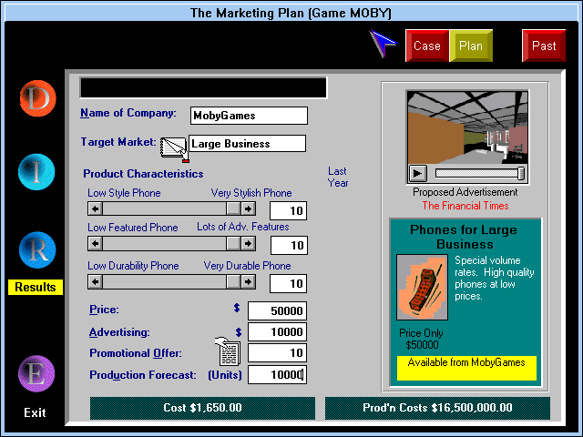 Corporate Pursuit (Windows 3.x) screenshot: Setting up the parameters of our business