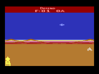 Mega Force (Atari 2600) screenshot: An enemy fighter approaches Sardoun!
