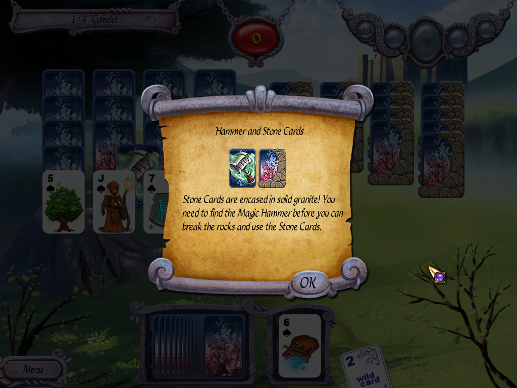 Avalon Legends Solitaire (Windows) screenshot: Level 1-4 has info about the hammer card and stone cards
