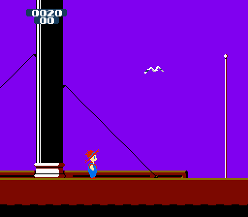 Adventures of Tom Sawyer (NES) screenshot: First level, avoiding swooping birds.