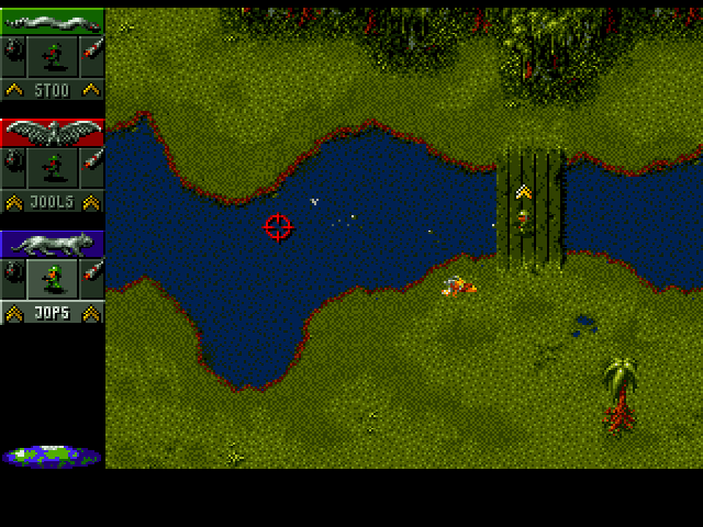 Cannon Fodder (Amiga) screenshot: Guarding the bridge. No fish will cross it now.